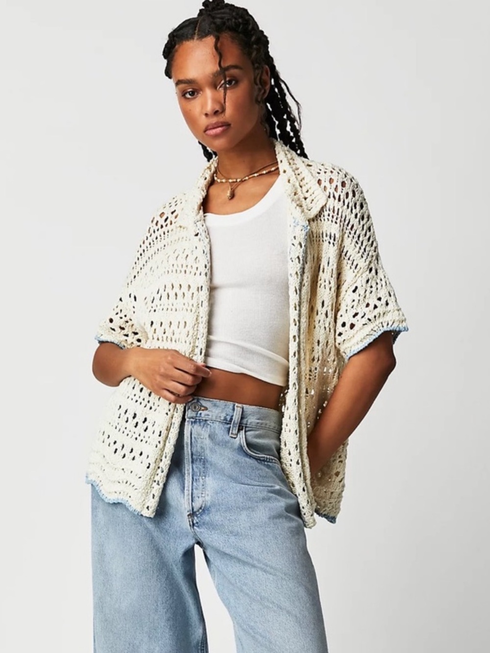 Free People Santa Cruz Club Crochet Shirt Small Ivory Open Knit Button Front